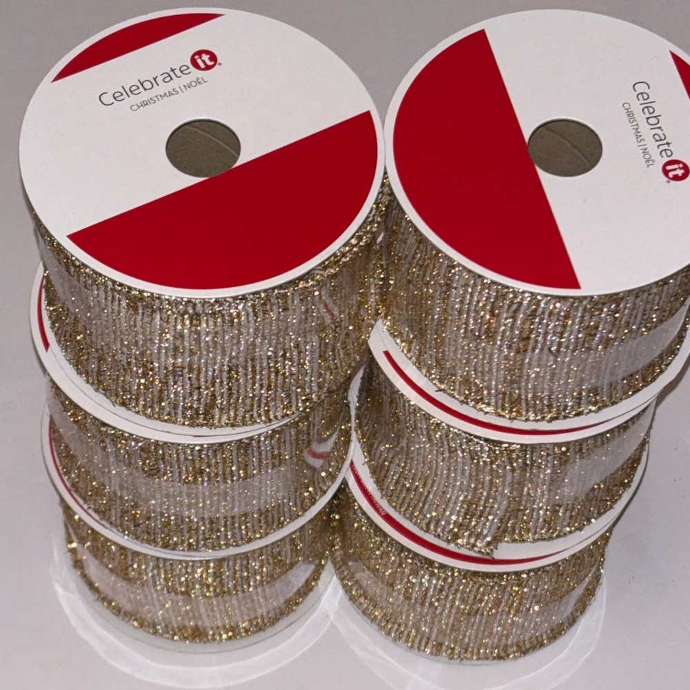 2.5" Tinsel Linen Ribbon Metallic Gold and White Glitter Striped Ribbon - 6